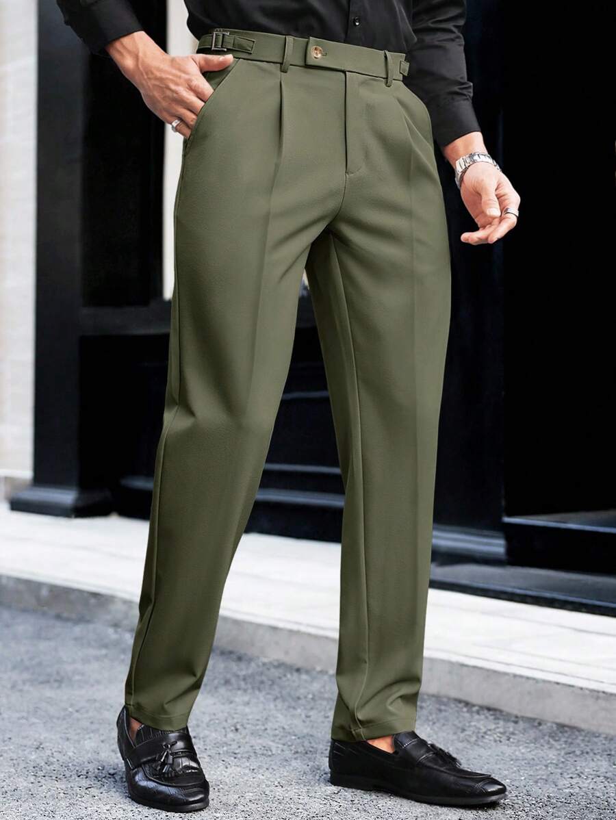 Men's Solid Color Pleated Straight Leg Casual Pants