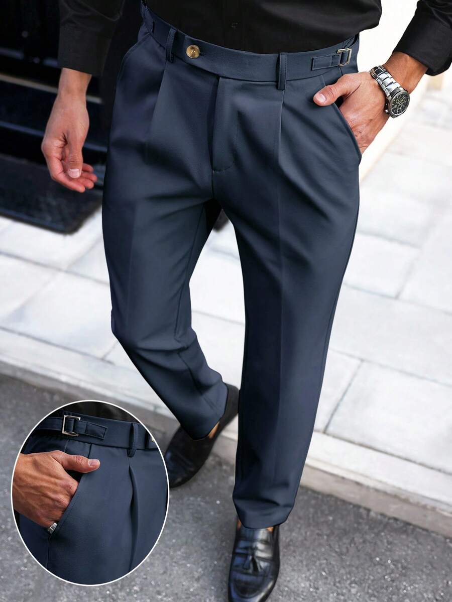 Men's Solid Color Pleated Straight Leg Casual Pants