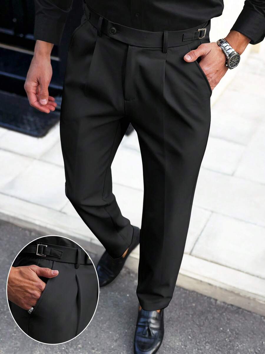 Men's Solid Color Pleated Straight Leg Casual Pants