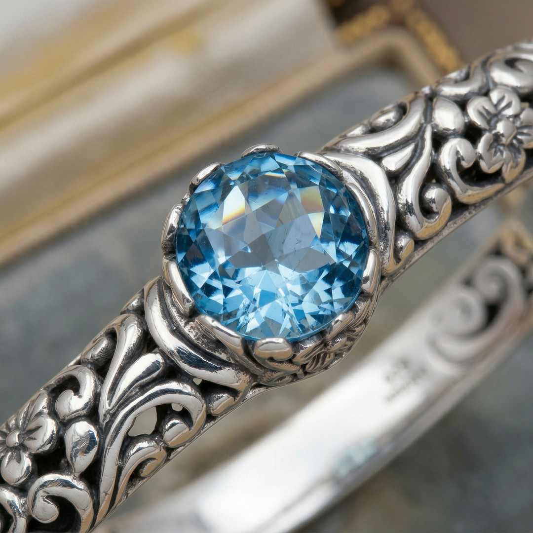Open Vintage Silver Bracelet with Zirconia Stones