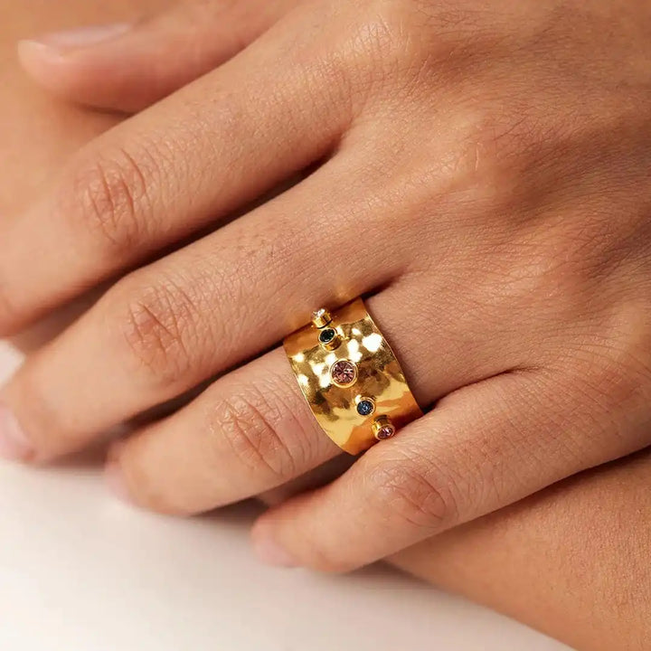 Adjustable Hammered Wide Rainbow Crystal Ring
