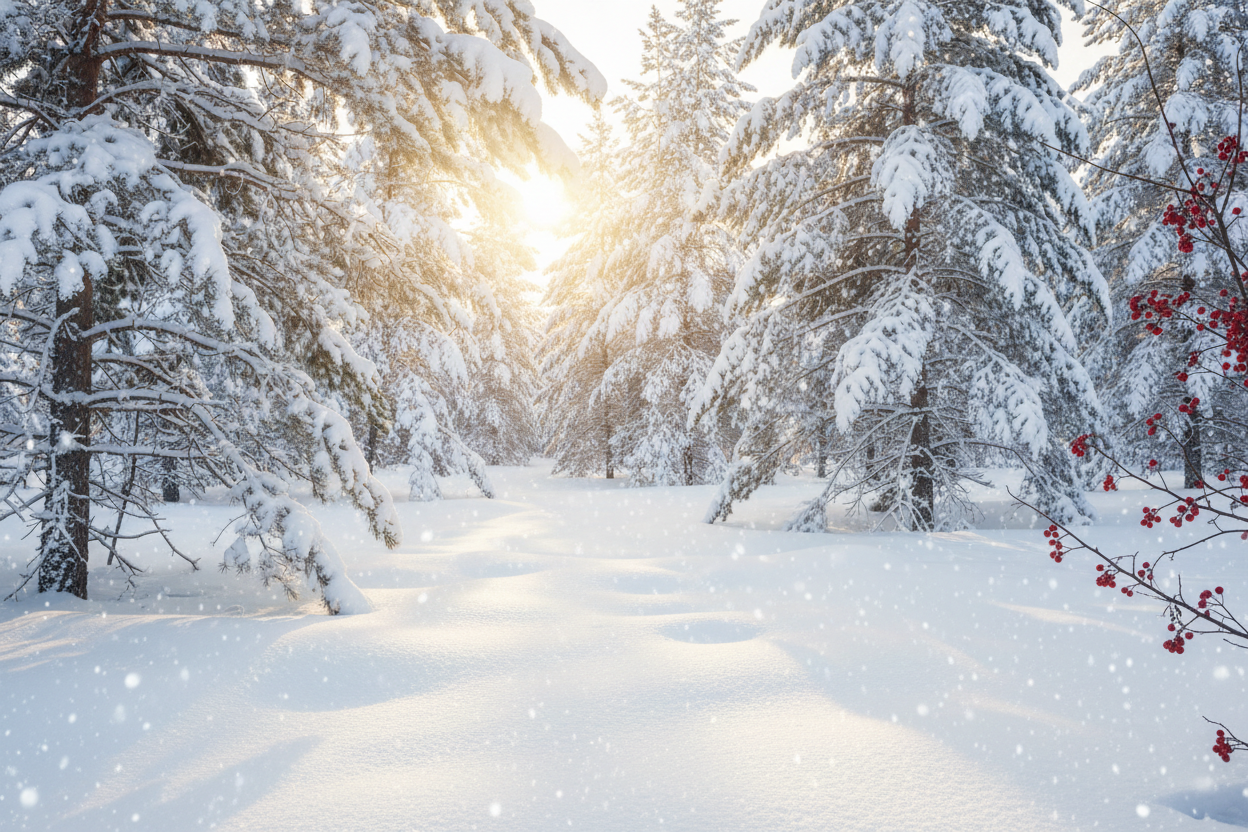 CREATE AN IMAGE OF WINTER SNOW AND CHRISTMAS MOOD IN THE NATURE