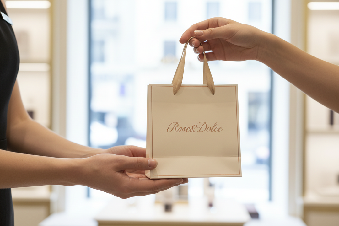 genera un immagine, la mano di un dipendente che da un sachetto con il logo rose&dolce in corsivo senza fare vedere le faccie 