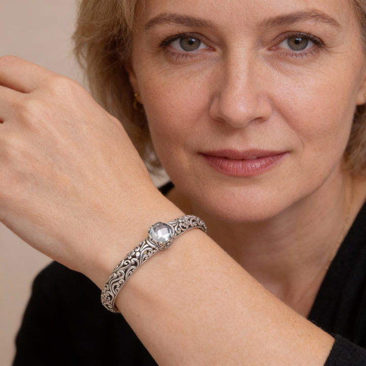 Open Vintage Silver Bracelet with Zirconia Stones